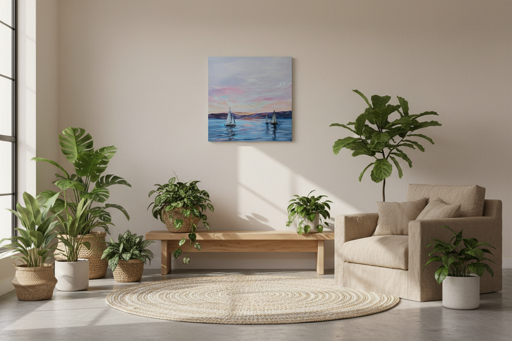 12x12 painting in minimal boho setting with plants