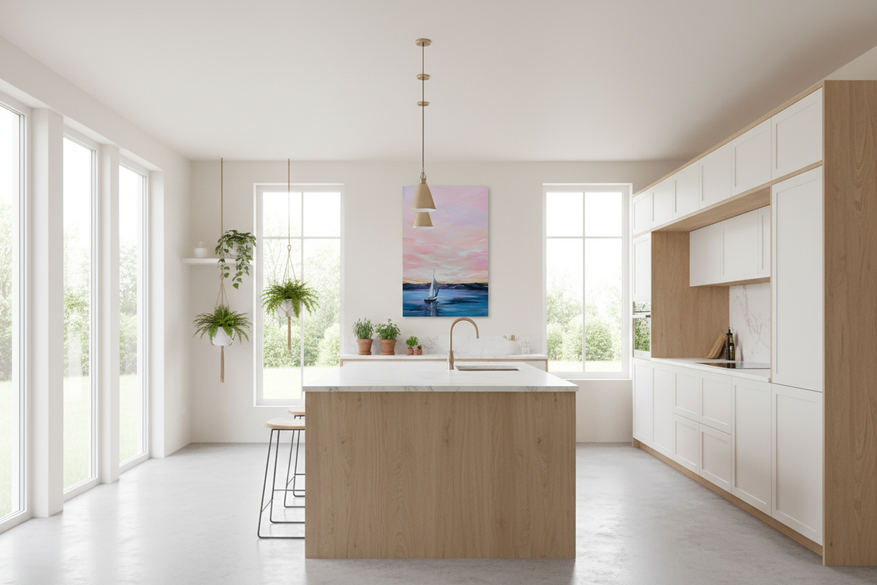 24x36 painting in airy kitchen with plants