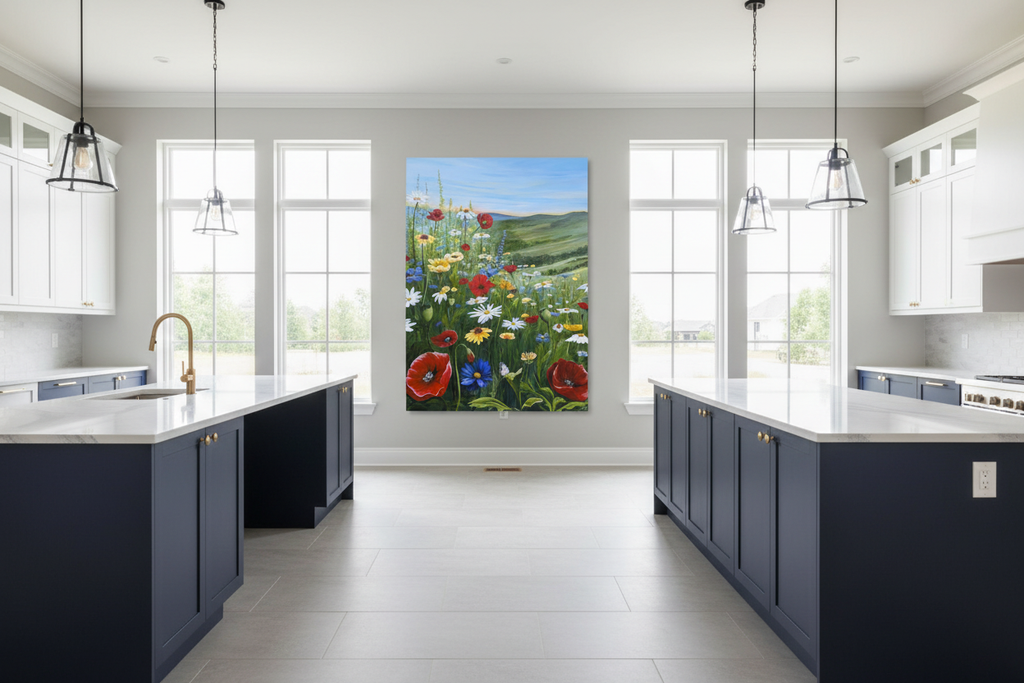 36x48 painting on clear kitchen wall with dark lower cabinets