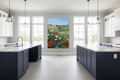 36x48 painting on clear kitchen wall with dark lower cabinets