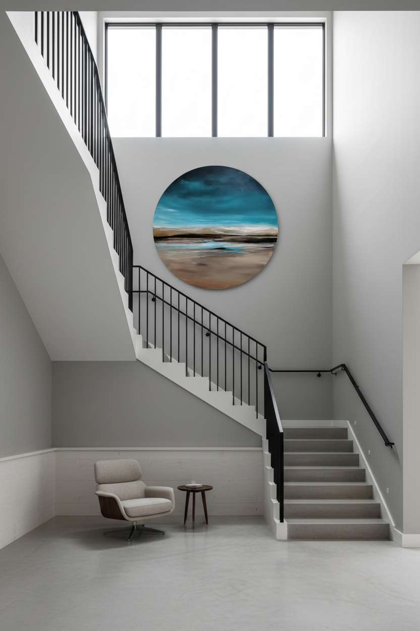 55-inch round painting in stairwell with lounge chair