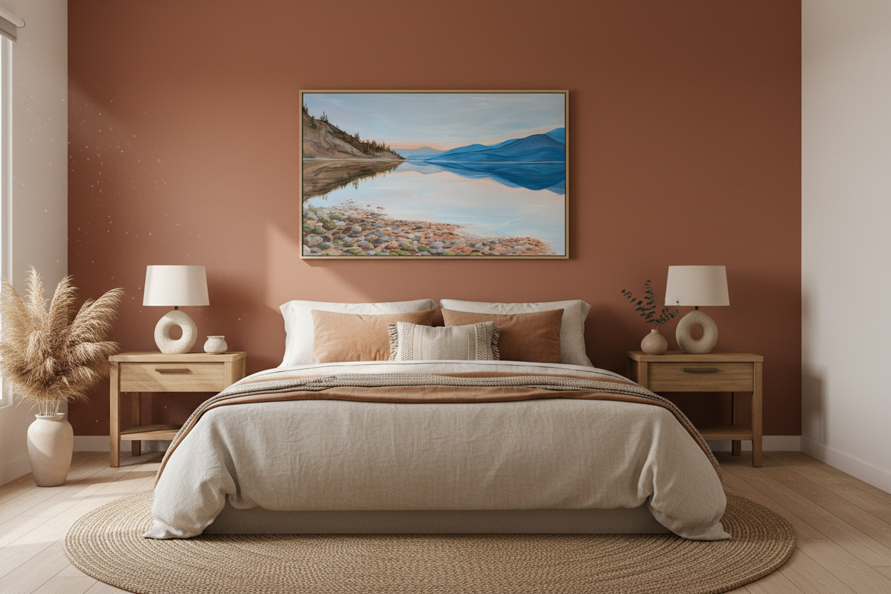 A Fresh Beginning painting above bed with earthy colors