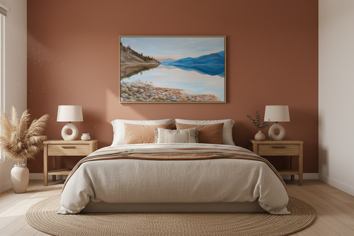 A Fresh Beginning painting above bed with earthy colors