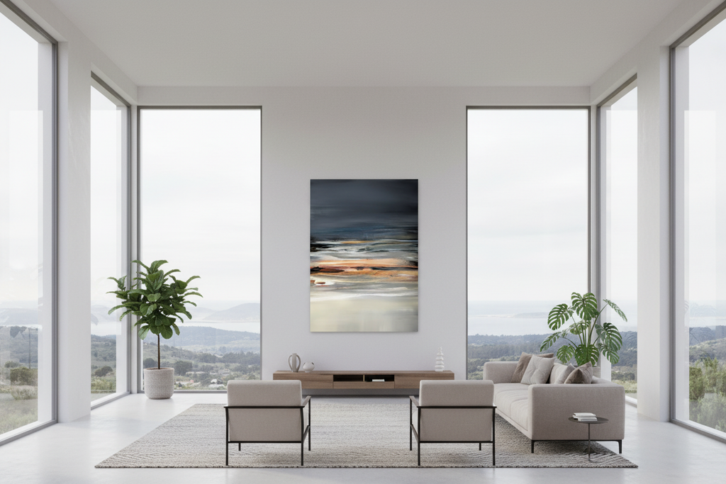 Abstract painting in airy room with area rug - smaller scale