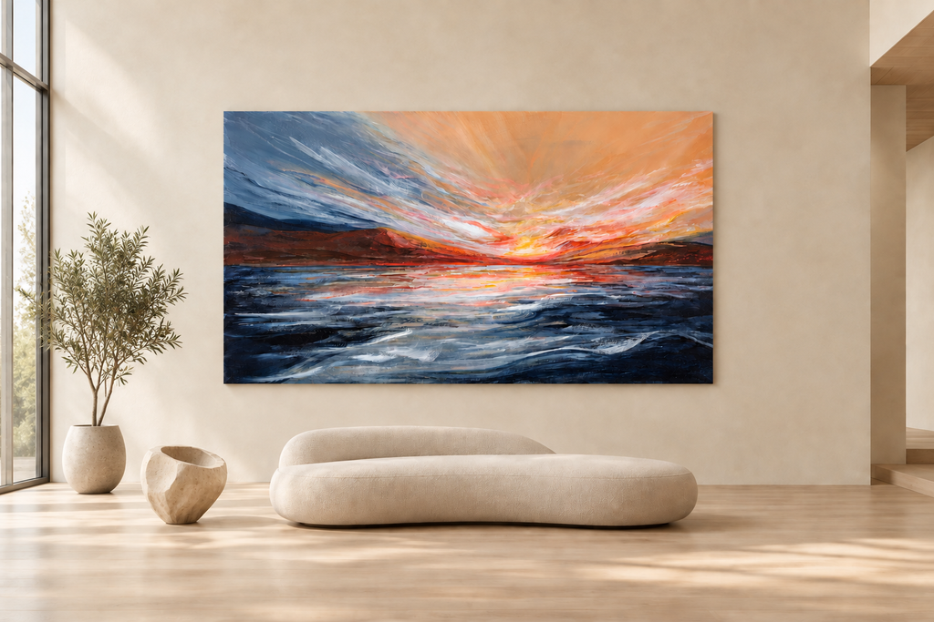 Bold painting displayed in a refined room with a sculptural green plant