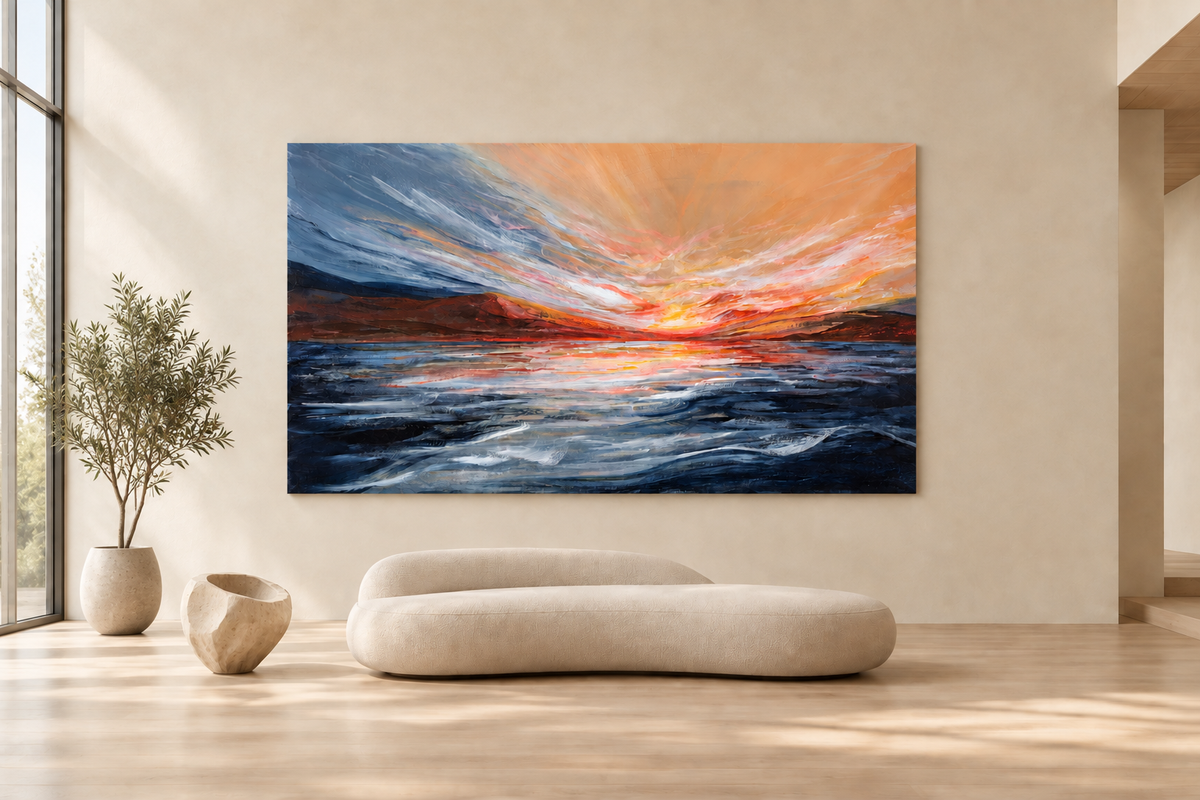 Bold painting displayed in a refined room with a sculptural green plant