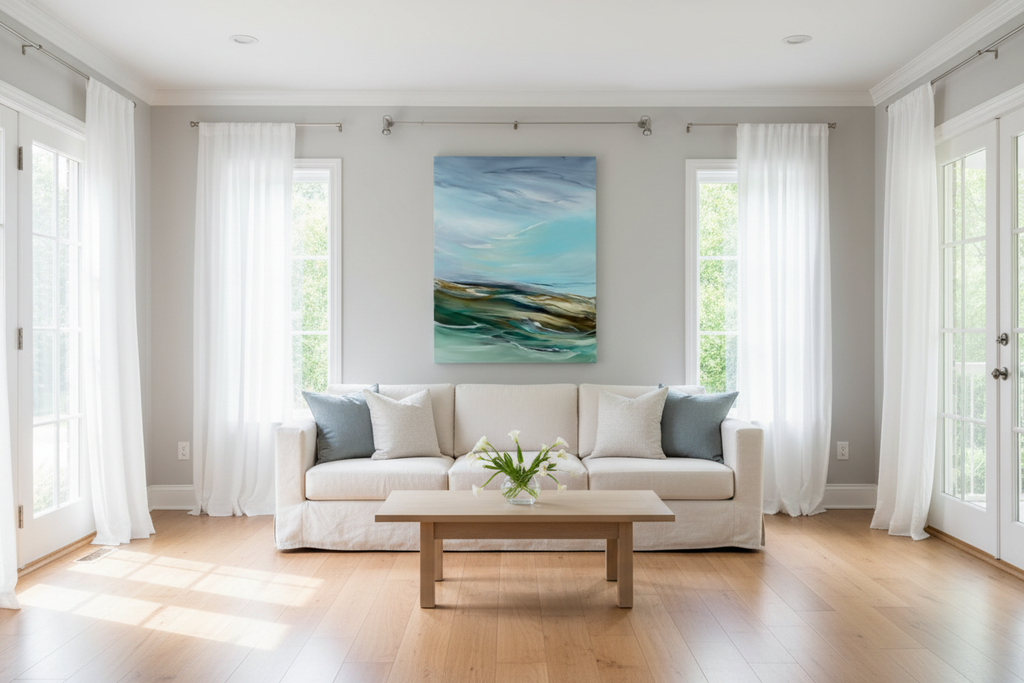 Flux painting in airy living room with soft colors