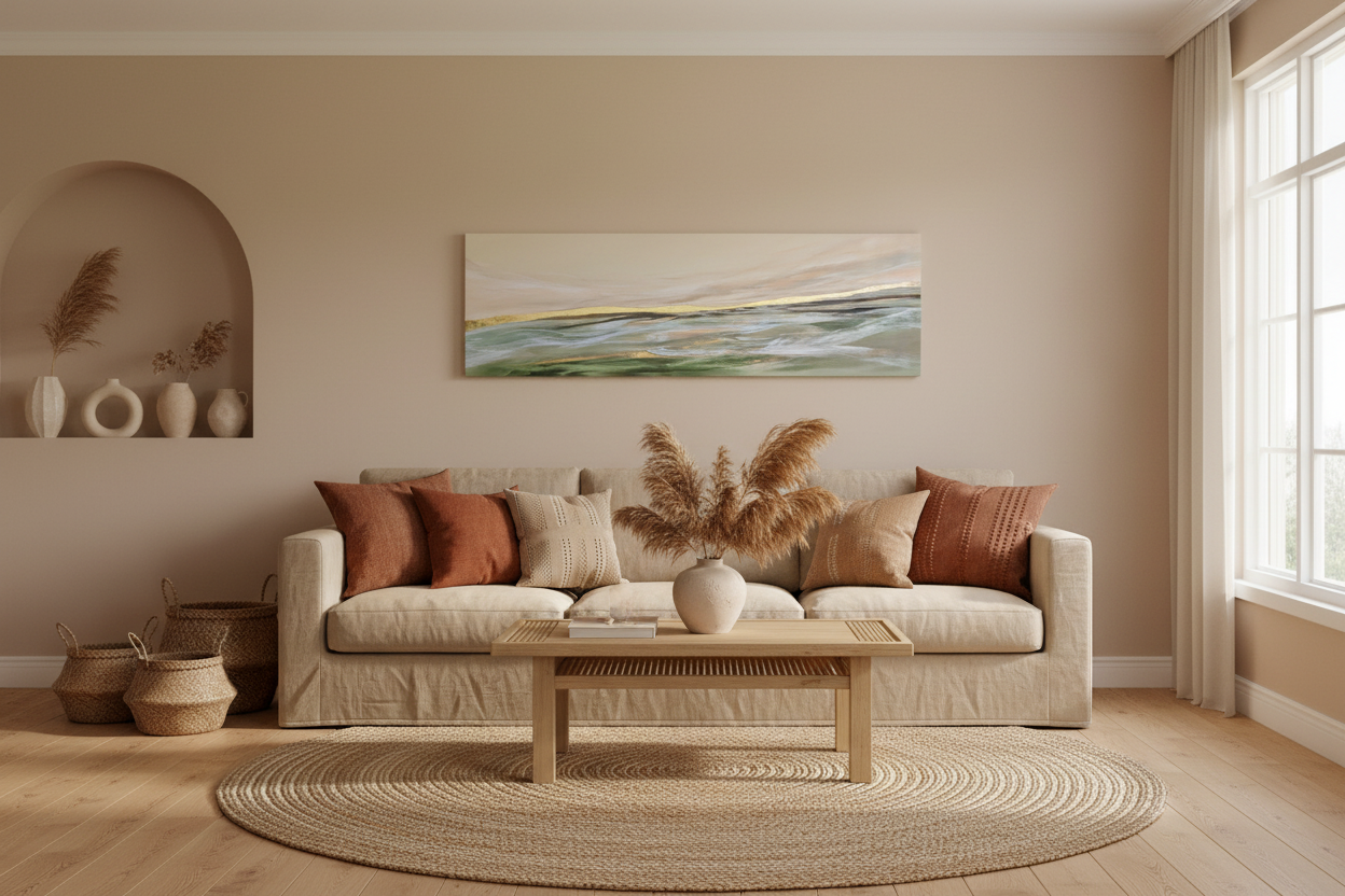 Horizon painting above couch with earthy colors