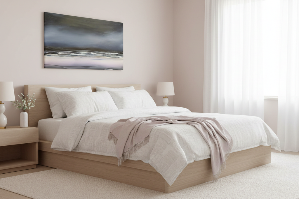 In Between painting above bed with soft colors