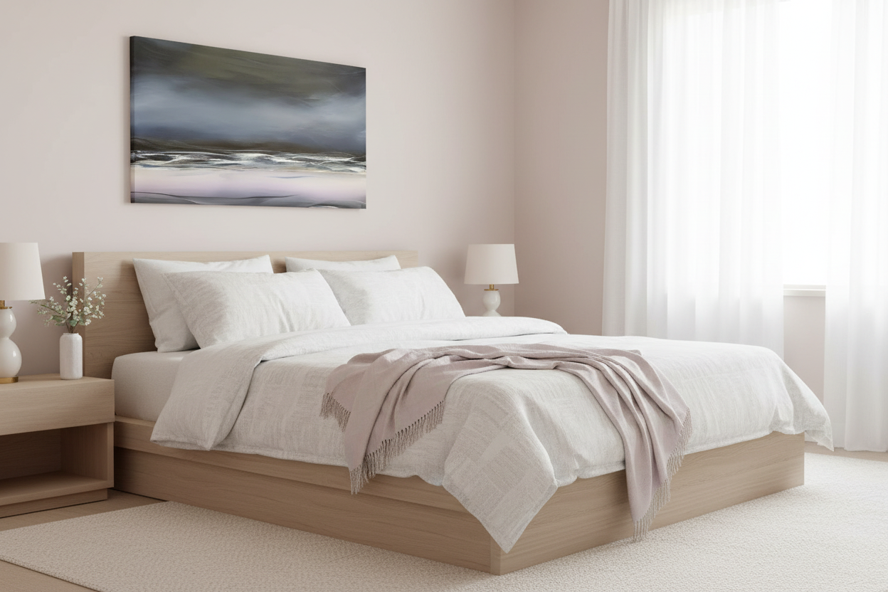 In Between painting above bed with soft colors