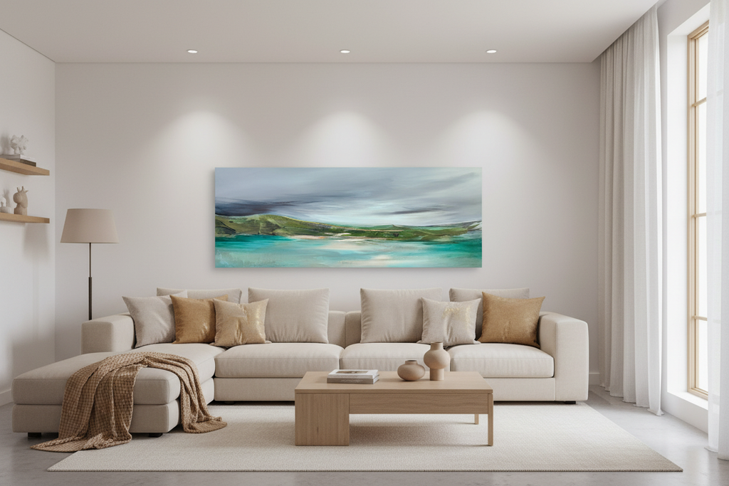 Landscape painting in soft airy room with couch and tan accents