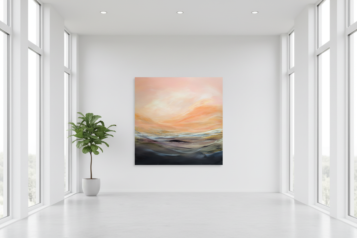 Large abstract painting in open airy space with windows and plant