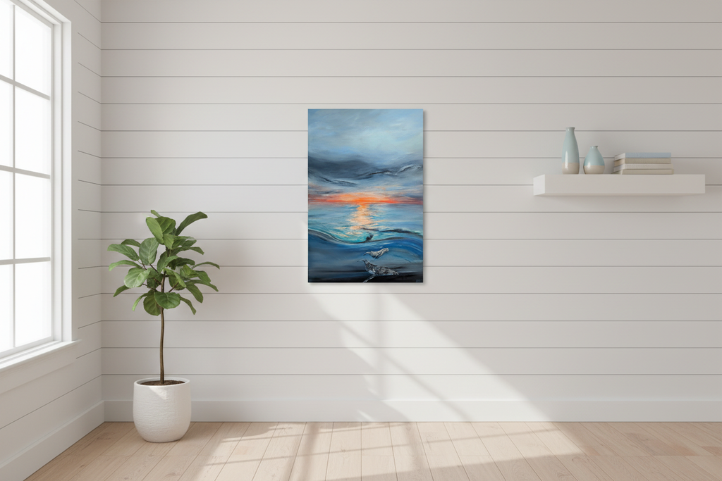 Ocean whale painting in soft airy space with plant - smaller scale
