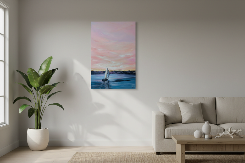 Sailboat painting with tall plant by window