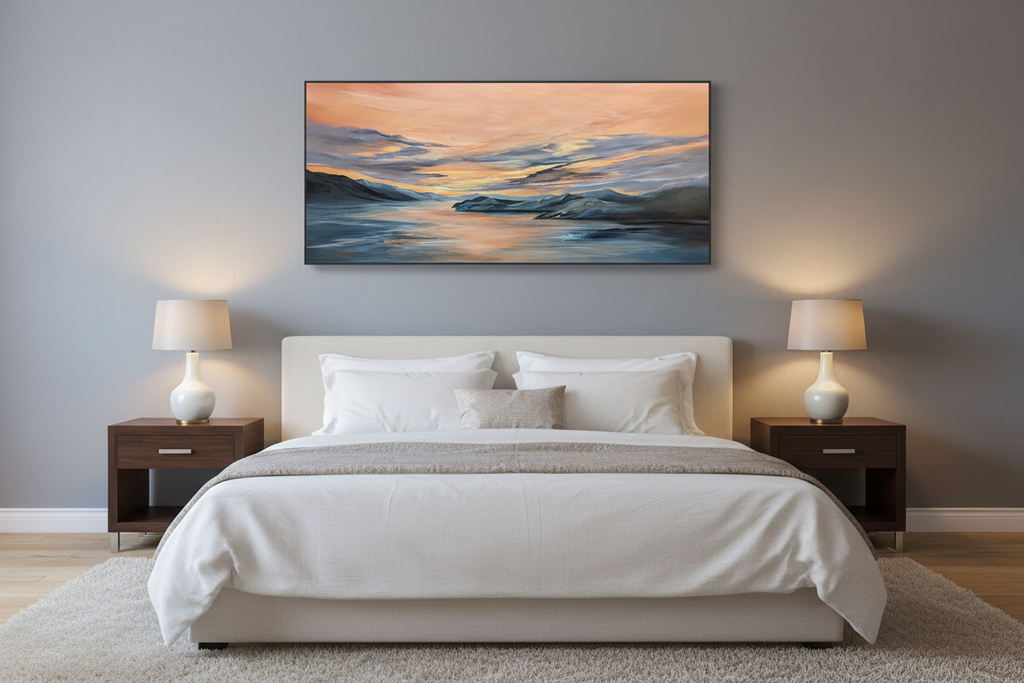 Sunset landscape painting in bedroom - smaller with shadow