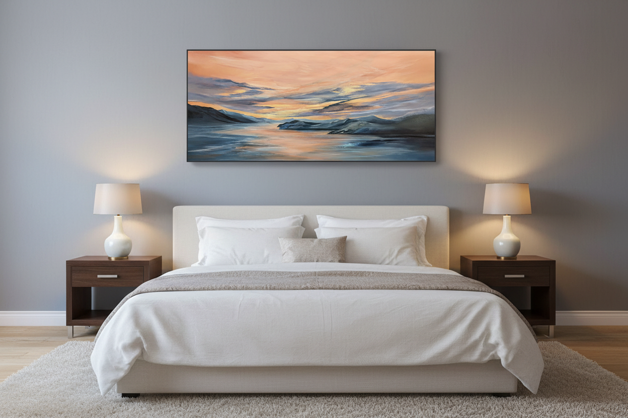 Sunset landscape painting in bedroom - smaller with shadow