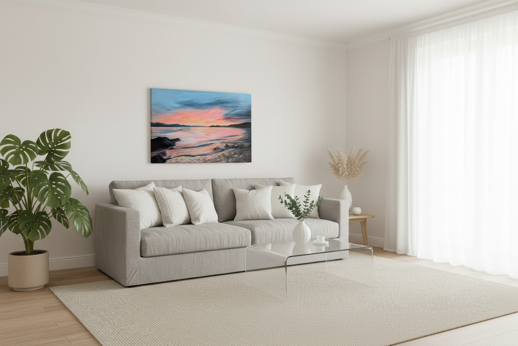 Vibrant Sky painting above couch with plant