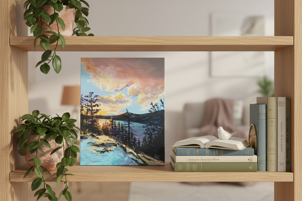 Winter's Glow painting on bookshelf with plant and books